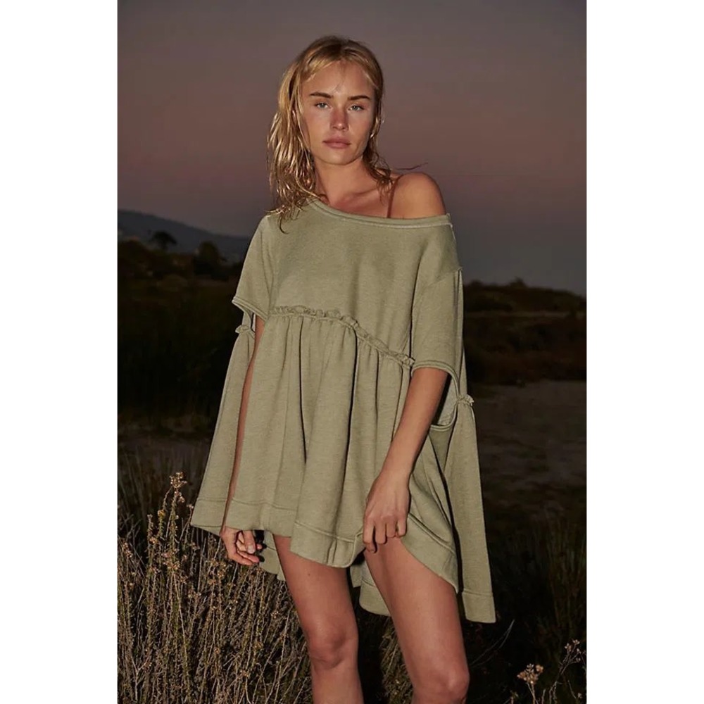 FP‎ Beach Tunic Top Mini Dress Ruffle Details Oversized Comfy M/L n1
